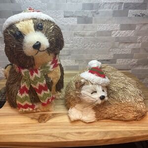 Christmas Sisal Animal Figurines Dog and Fox Holiday Decor Woodland Rustic Set 2